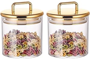 YUEJUM 2 Pack 16 oz Small Acrylic Storage Apothecary Jar with Gold Airtight Lid | Bathroom Vanity Organizer Containers | Ideal Decorative Canisters for Shells, Bath Salt, Cotton Swabs, Cotton Ball