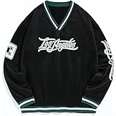 ZAFUL Mens Letter Sweatshirts Fleece Lined Sweatshirt V Neck Striped Contrast Pullover Shirts Streetwear Fall Outfit