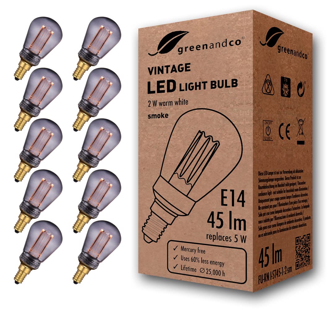 greenandco 10x Decorative LED Vintage Light Bulb | E14 ST45 | Smoke | 2W 45lm | 1800K Extra Warm White | 320° | 230V | Flicker Free | Not Dimmable