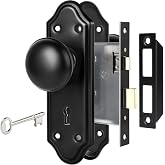 newliplace Mortise Lock Set for Interior Door, Matte Black Finish | Vintage Door Knobs with Lock and Antique Skeleton Key Replacement Old Style Door, 2-3/8" Backset, Curved Escutcheon Plates
