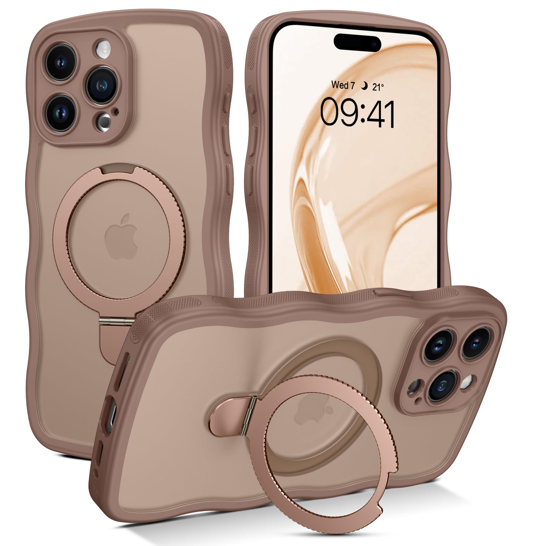 VENINGO for iPhone 15 Pro Case, Magnetic Slim Wave Translucent Matte Mag-Safe Invisible Ring Stand Shockproof Phone Cover Mag-Safe for iPhone 15 Pro 6.1", Desert Brown