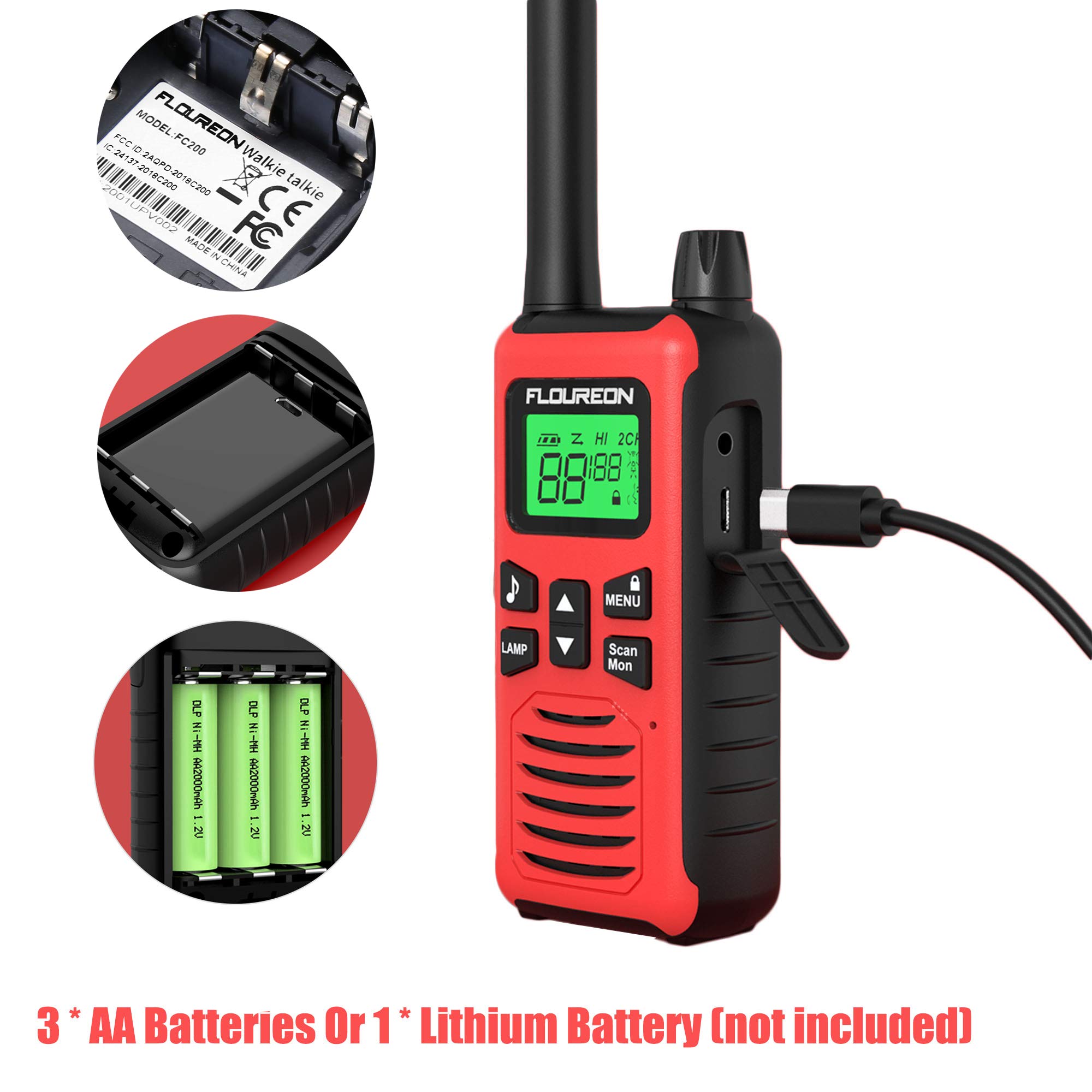 Walkie Talkies, FLOUREON 2PCS Audio bidireccional 16 Canales PMR 446MHZ con Alcance de hasta 5000 Metros/3.1Miles Interfono Portátil-Rojo