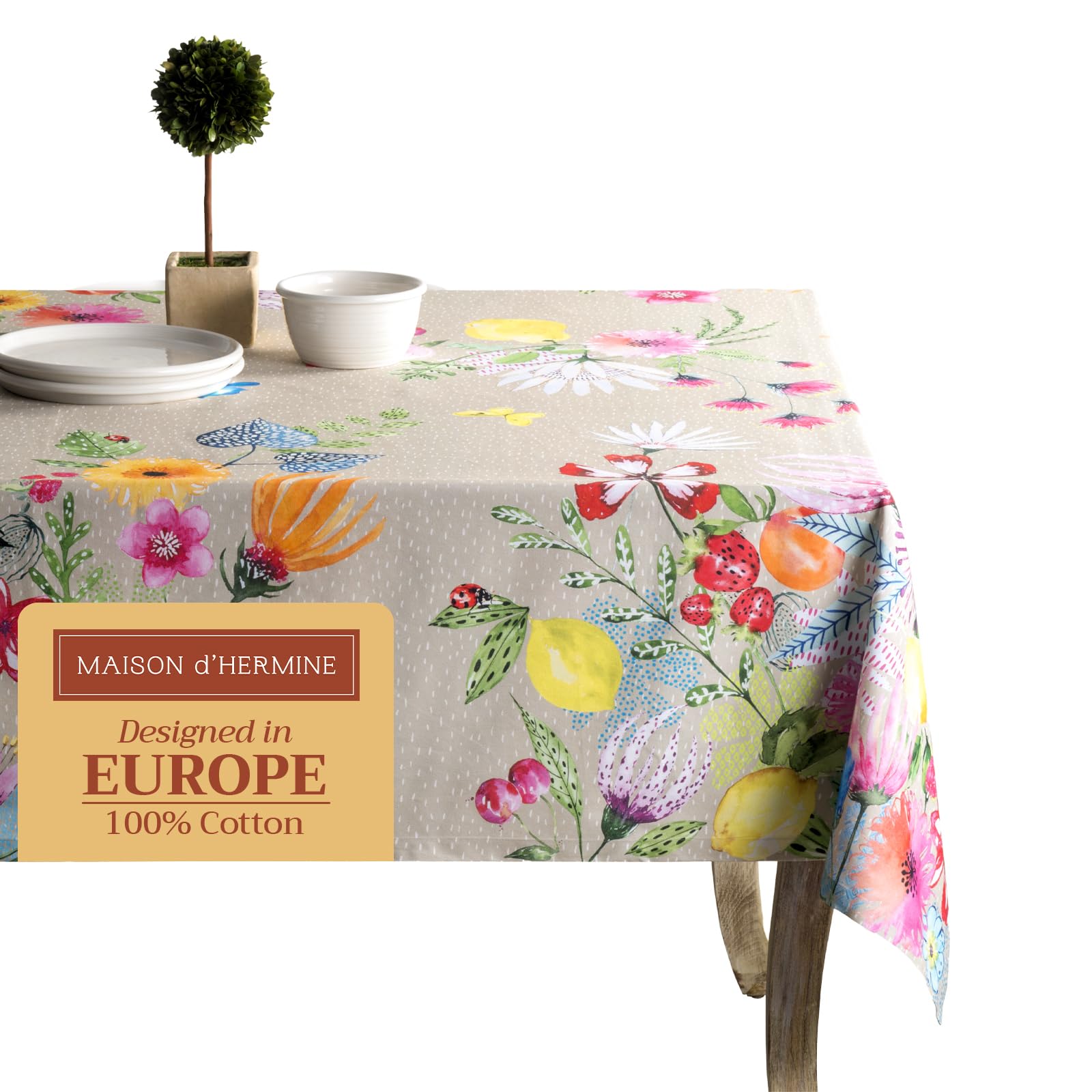 Maison d' Hermine Jardin D'Ete - Fog 100% Cotton Tablecloth for Kitchen | Dining | Tabletop | Decoration | Parties | Weddings | Spring/Summer (Rectangle, 160 cm x 220 cm)