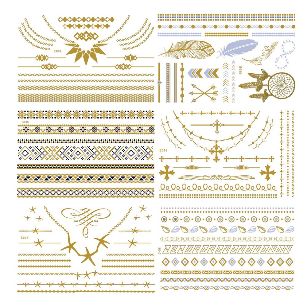 Temporary Metallic Henna Tattoo - 6 Sheet Jewelry Inspired Tattoo Sticker Kit for Summer/Wedding/Beach for Women & Girls Design, in Gold and Silver(Jewelry)