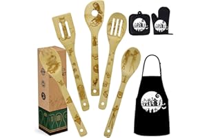 Women Birthday Gift Nightmare Halloween Kitchen Decorations Cooking Utensils Set - Wooden Cooking Spoons with Apron Oven Mitt