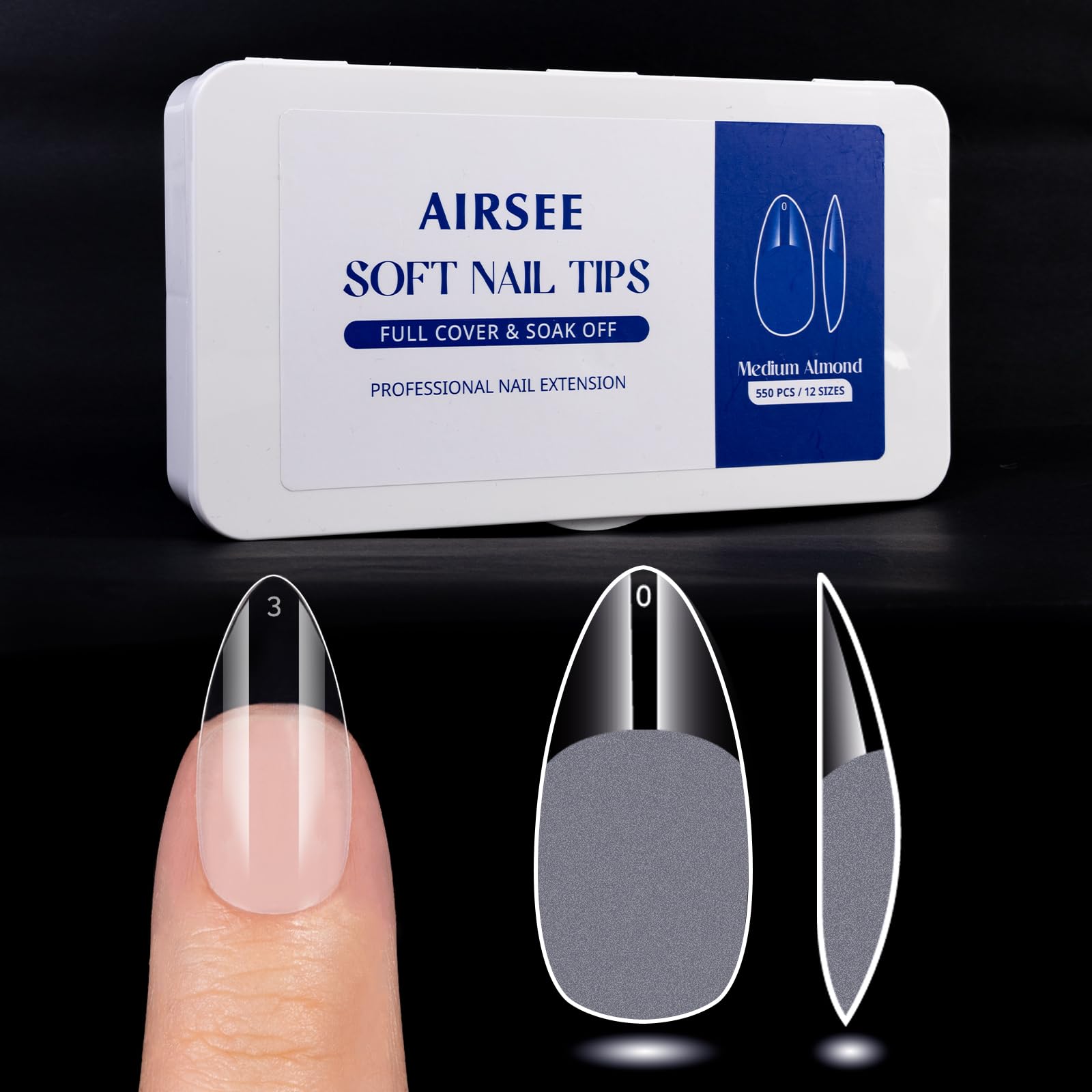 Photo 1 of AIRSEE Medium Almond Nail Tips,550Pcs Soft Fit Full Cover Comfort Acrylic Nail,12 Sizes Surface Clear and Half Matte False Nail Tips,Pre-shaped Fake Nails for Nail Extension Home Nail Art DIY Salon