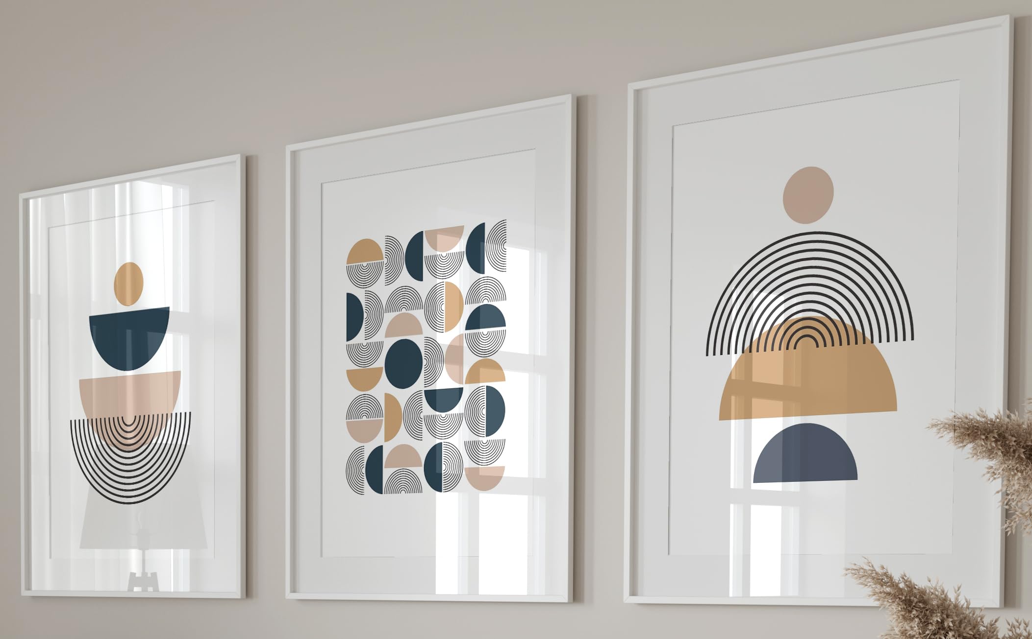 Eviepops Prints Midnight Geometric Set of 3 Unframed Wall Print, Abstract Geometric Shapes, Home Decor, Mid Century Modern Wall Art, Beige Blue Black (A3) — image 1