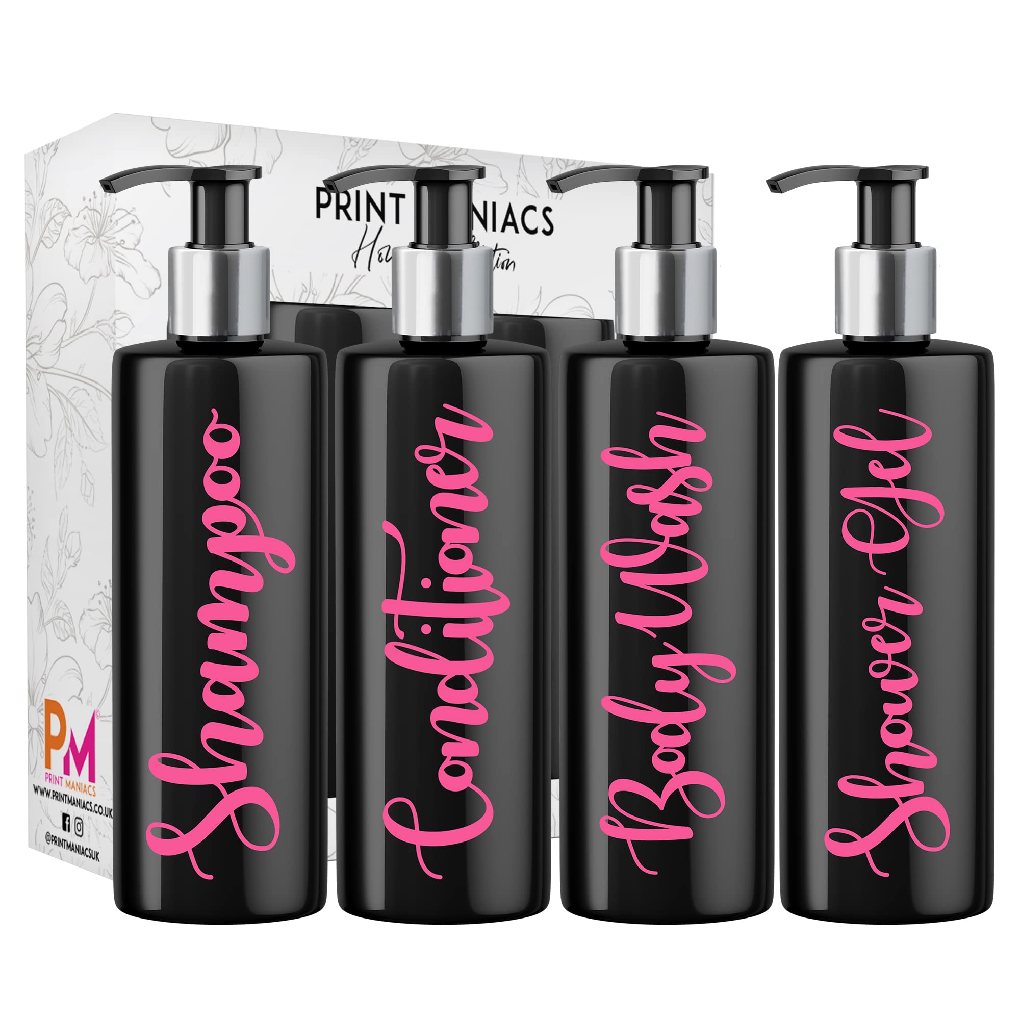 Print Maniacs Black Mrs Hinch Inspired Personalised 500ml Pump Bottles Bathroom Lotion Kitchen Set Shampoo Conditioner (Shower Gel Set) (Baby Pink)