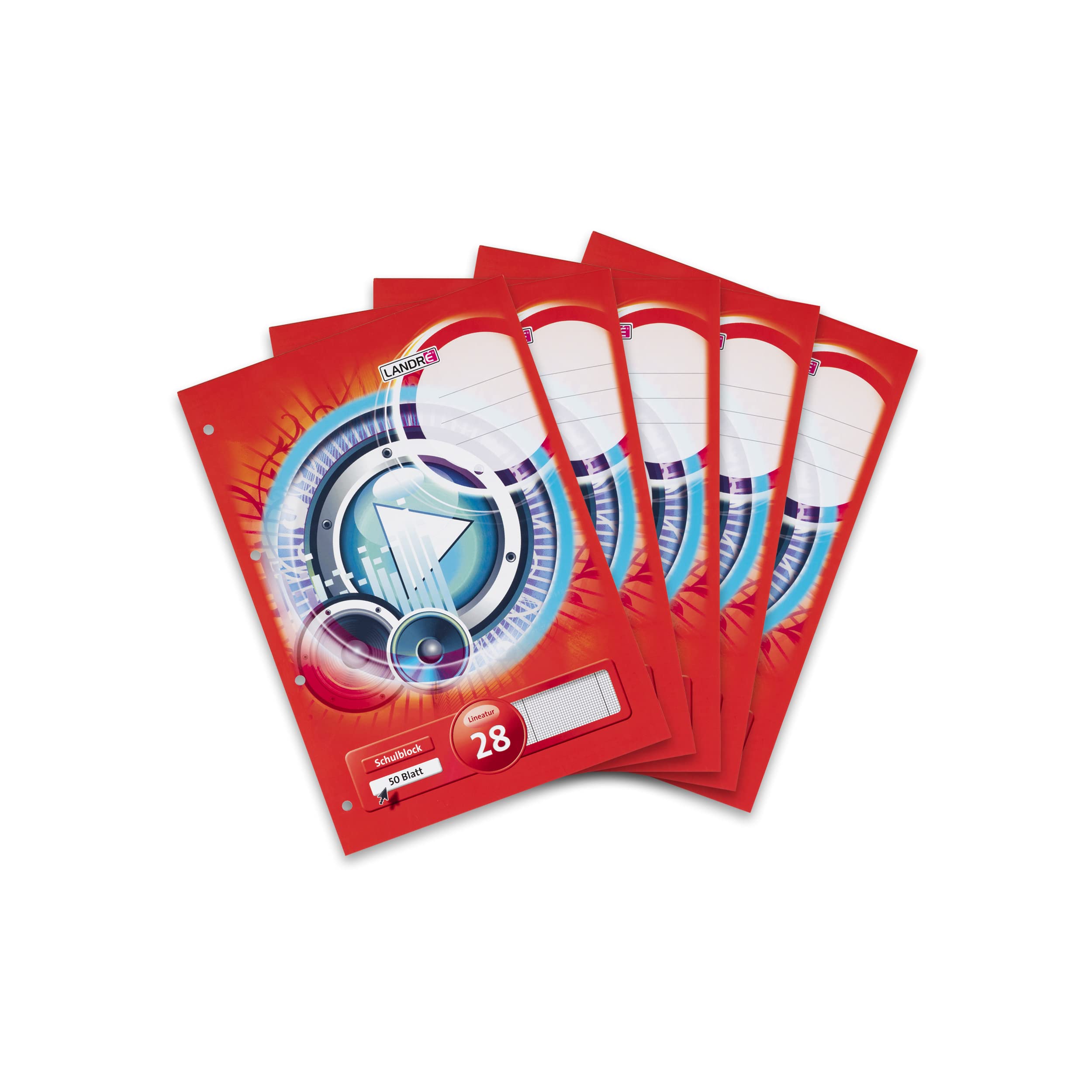 Landre School Notepad, Pack of 5, DIN A4, Squared, 50 Sheets, Glued at The Top, Red
