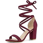 Allegra K Women's Strappy Lace Up Chunky High Heels Burgundy Heels Sandals 9 M US