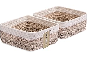 MiniArk Small Square Shallow Baskets for Organizing, 9.7x9.7x4.3 Inch Rope Woven Storage Bins for Cubes Closet, Shelves Storage, Boho Decorative Basket, 2 Packs Gradient Brown