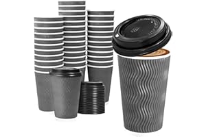 Lamosi 50 Pack - 16 oz Insulated Disposable Coffee Cups with Lids, To Go Paper Coffee Cups with Lids, Corrugated Ripple Wall Cup for Hot Drink, Office, Coffee Bar