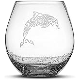 Integrity Bottles Tribal Dolphin Design Stemless Wine Glass, Handmade, Handblown, Hand Etched Gifts, Sand Carved, 18oz (Bubbly Smoke)