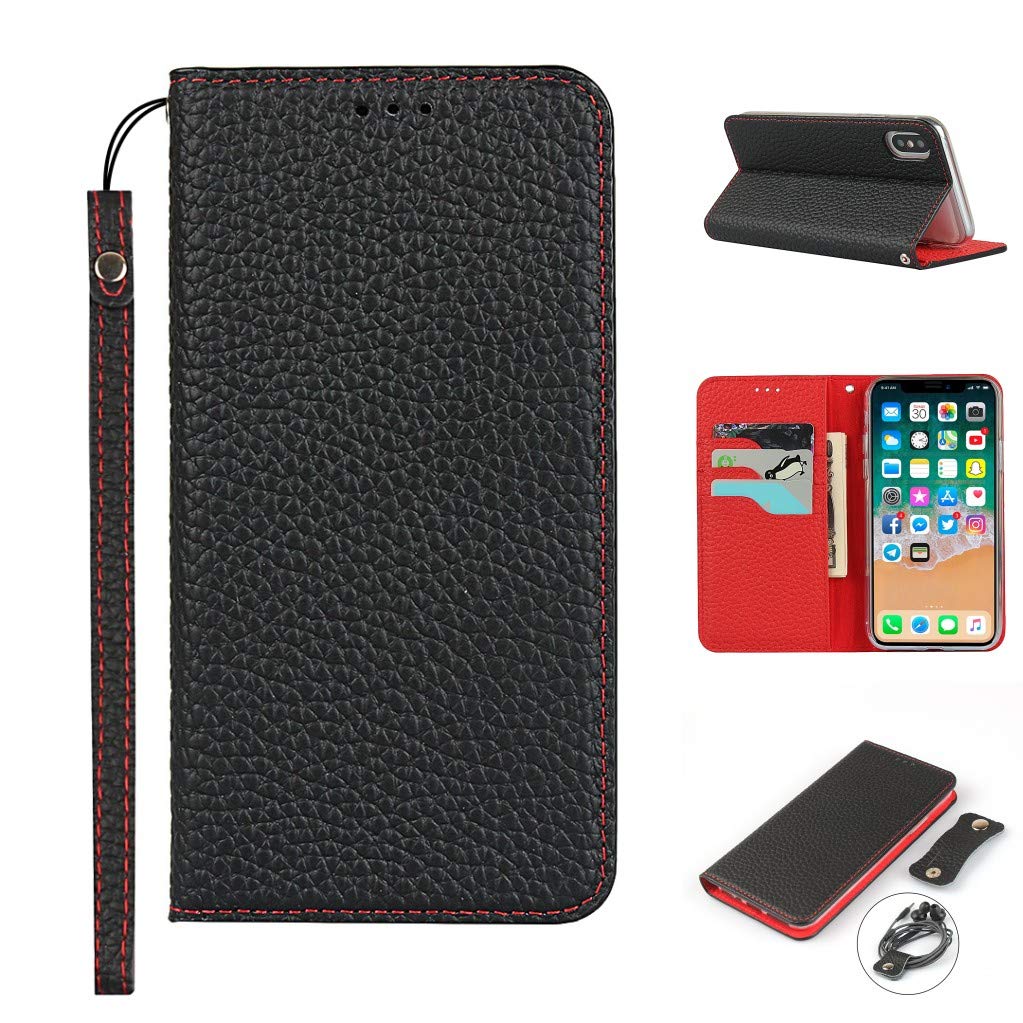Copmob iPhone X Case,iPhone XS Case,Genuine Leather Flip Wallet Case,[3 Card Holders][Magnetic][RFID-Blocking],Protective Phone Case Cover for iPhone X/XS - Black