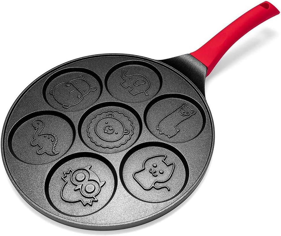 Xigeapg Pancake Maker - Non-Stick Pancake Pan Griddle Grill Pan Crepe Maker 7-Mold Pancakes with Silicone Handle, Black Animal