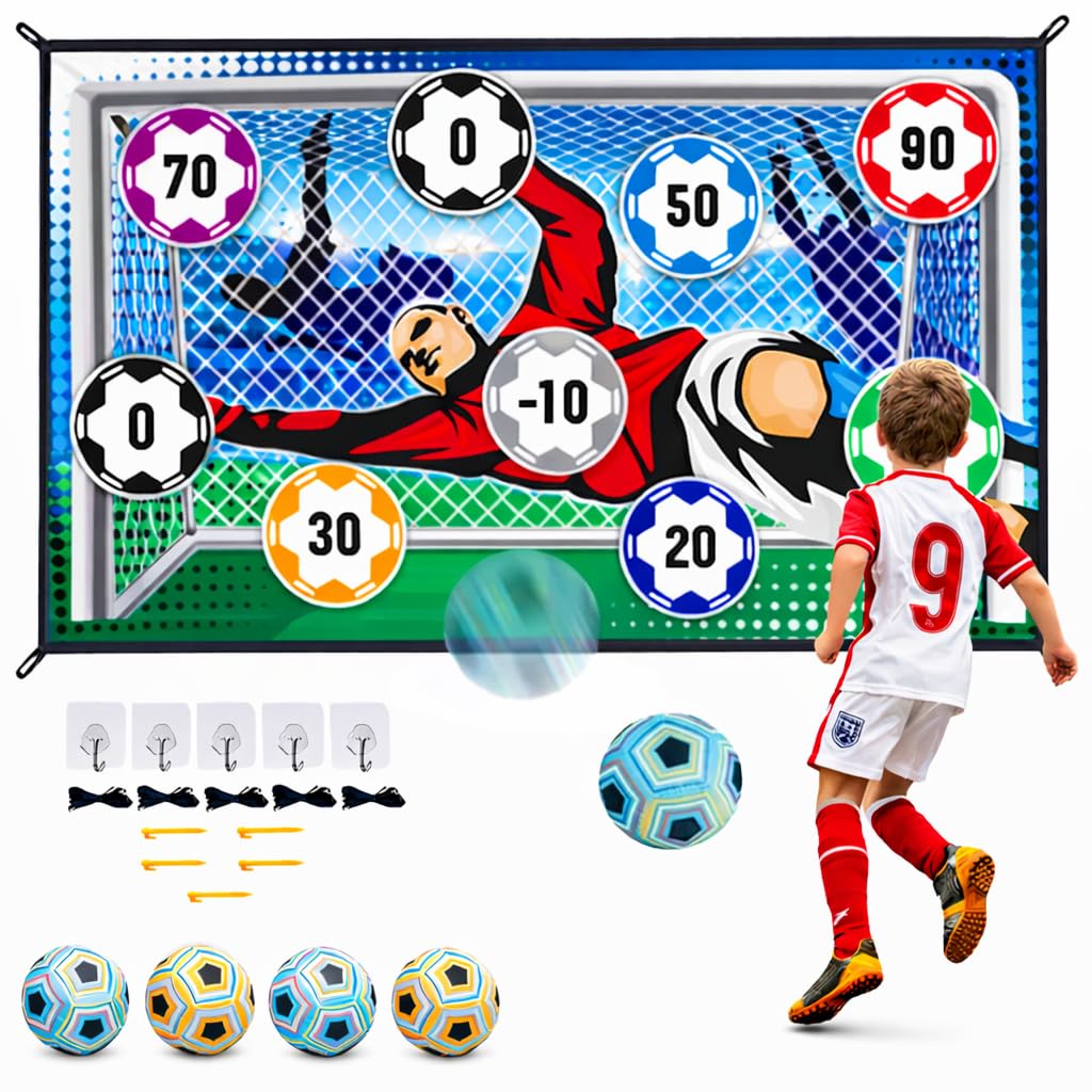 Soccer Ball Game Set with 4 Balls & Scoreboard Football Accuracy Target Game – Indoor Outdoor Soccer Shooting Practice Net for Kids, Garden Training & Family Games
