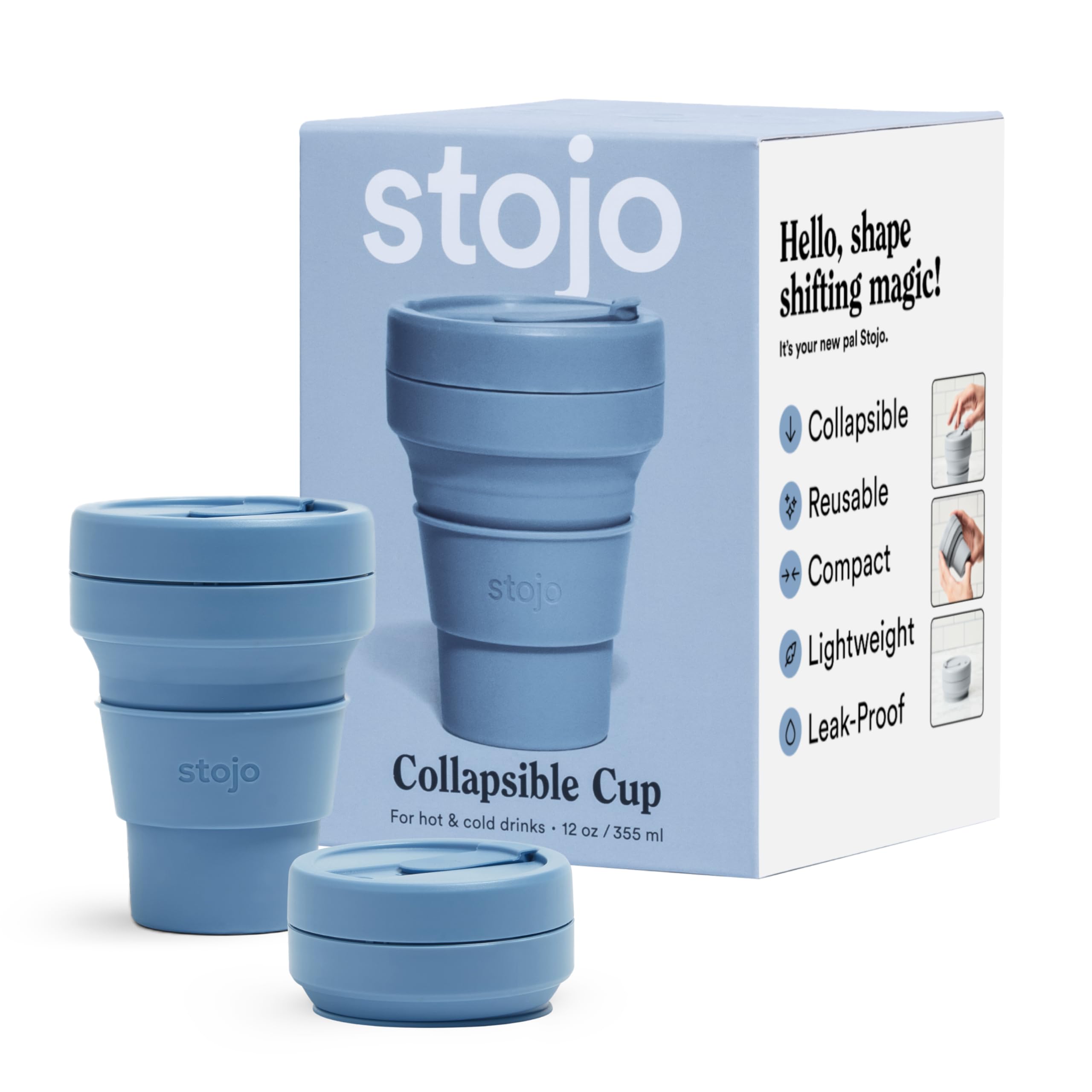 STOJO On-The-Go Collapsible Coffee Cup - 12oz / 355ml - Reusable & Foldable Silicone Travel Mug with Lid - Portable, Pocket Size - Dishwasher Safe - Steel Blue