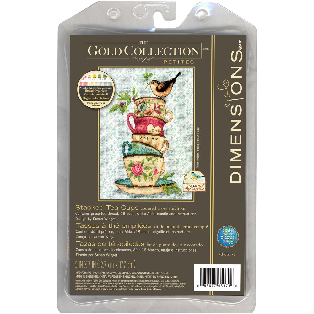 Dimensions 70-65171 Gold Collection Stacked Tea Cups Advanced Counted Cross Stitch Kit, 18 Count White Aida, 7