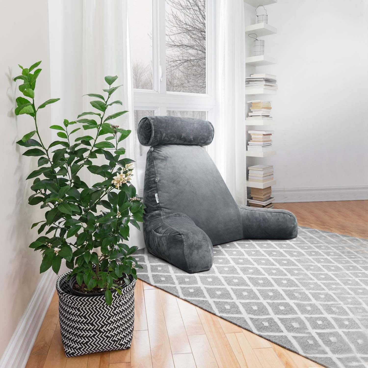 mittaGonG Shredded Foam Reading Pillow with Detachable Neck Roll & Big Bed Backrest Pillow for Bed with Arms and Side Pocket - Perfect for Back Support While Relaxing, Gaming, Reading, or Watching TV: Home & Kitchen