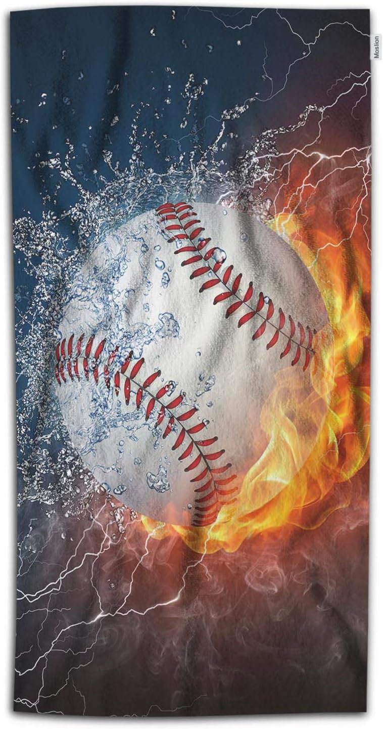 Moslion Baseball Bath Towel Summer USA Sport Ball in Burning Fire Flame and Water Towel Soft Microfiber Baby Hand Beach Towel for Kids Bathroom 32x64 Inch Blue Orange
