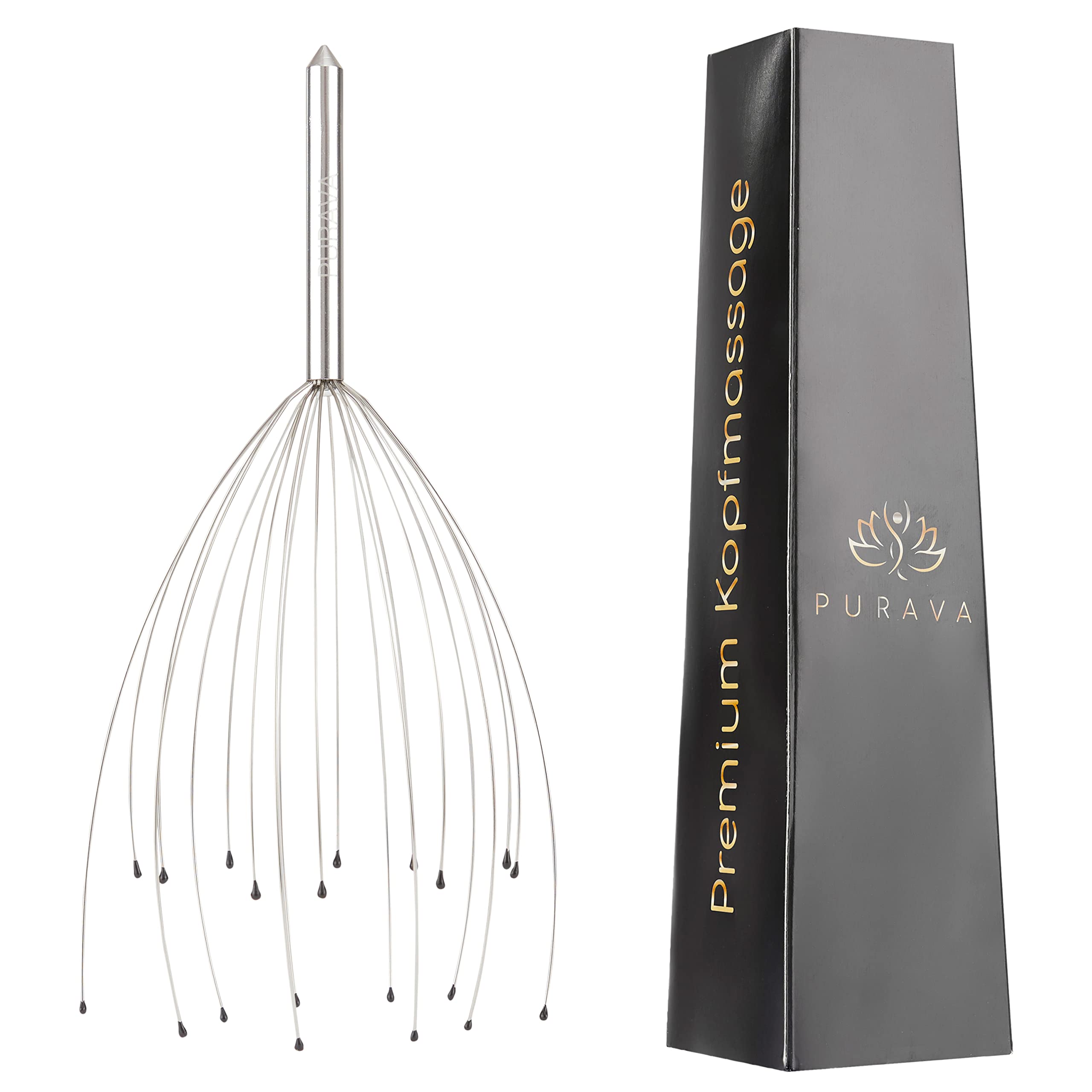 PURAVA (Original) - Premium Head Massager with Metal Handle and Improved Design - Scalp Scratcher Massage with 20 Fingers for Relaxation and Scalp Stimulation - Head Massager Tool Ideal as a Gift