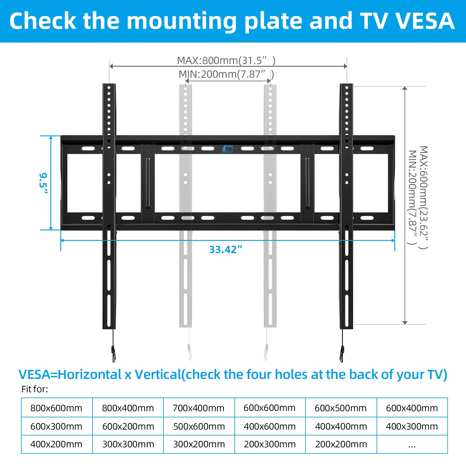 HOME VISION Heavy Duty Fixed TV Wall Mount Bracket, 264 Lbs Capacity for 48-120 Inch Extra Large Flat Screen Smart TVs, Max VESA 800x600 mm, Stud Spacing 12