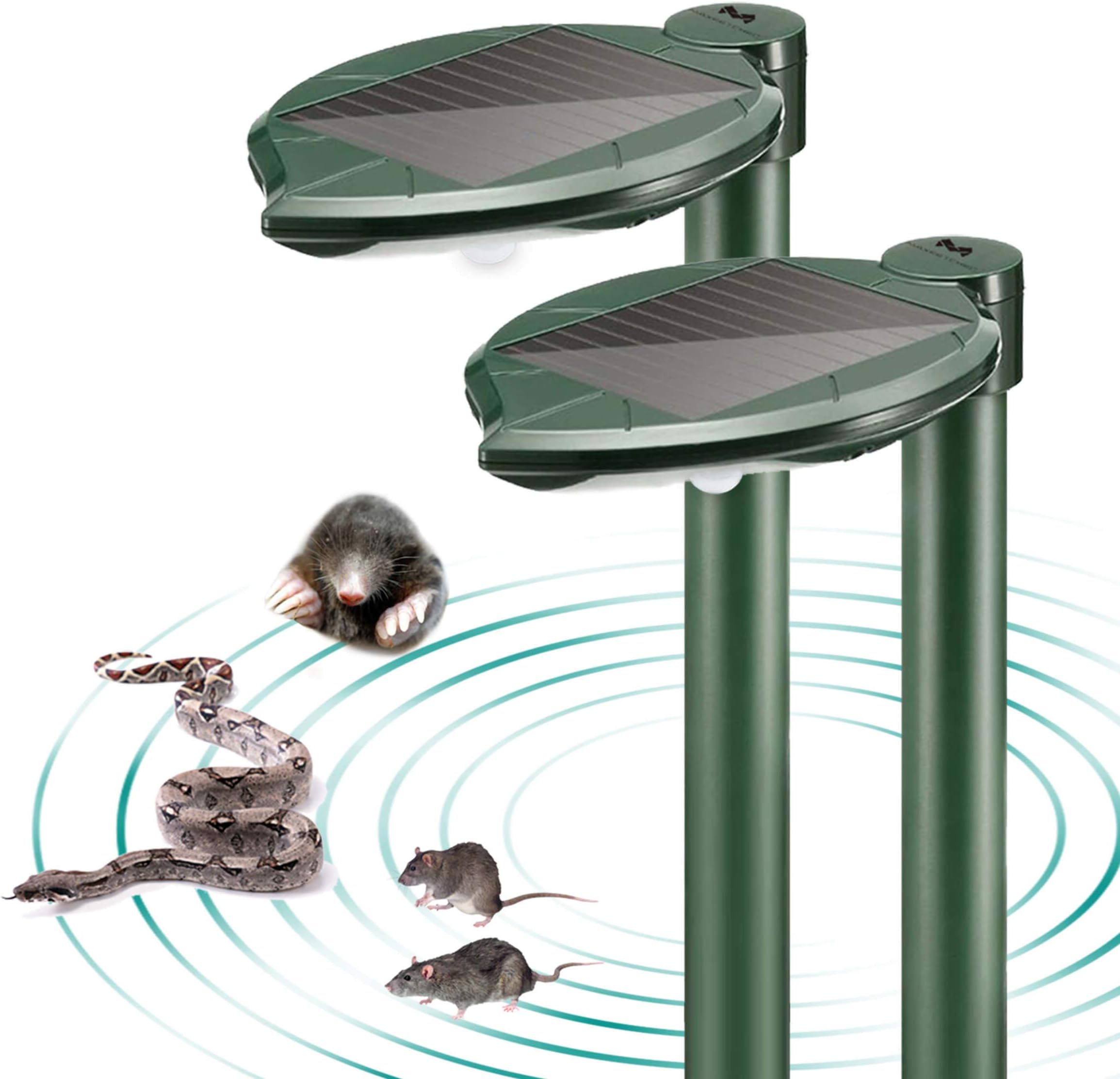 Solar Mole Repellent Snake Repellent Gopher Repellent with Mini LED Garden Lamp, Pack of 2, Sonic Mole Repellant, Pest Control Ultrasonic Repellent for Garden, Yard, Lawn and Farm, Weather Proof