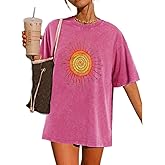 Wrenpies Vintage Oversized Sun Aesthetic Graphic Tees Distressed Band T Shirts for Women Boyfriend Baggy Casual Shirt Tops