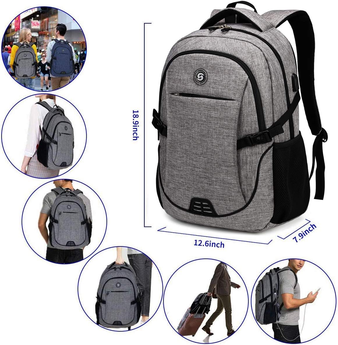 SHRRADOO Anti Theft Laptop Backpack Travel Backpacks Bookbag with usb Charging Port for Women & Men School College Students Backpack Fits 15.6 Inch Laptop Grey: Computers & Accessories