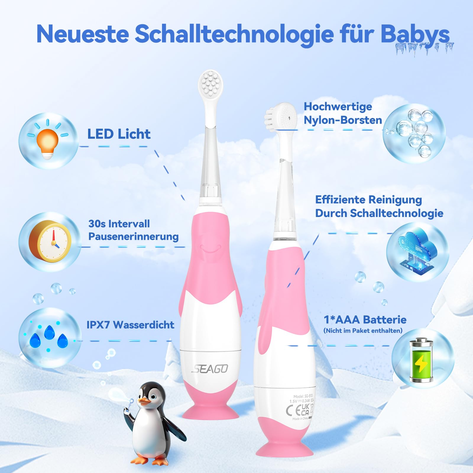 Seago Elektrische Zahnbürste Kinder ab 0-3 Jahr mit LED Licht, Weichen BPA-freiem Runder Gummierte Bürstenkopf, 2 Minuten Smart Timer, Wasserdicht IPX7, für Empfindliche Babyzähne, SG513(Rosa)) 7