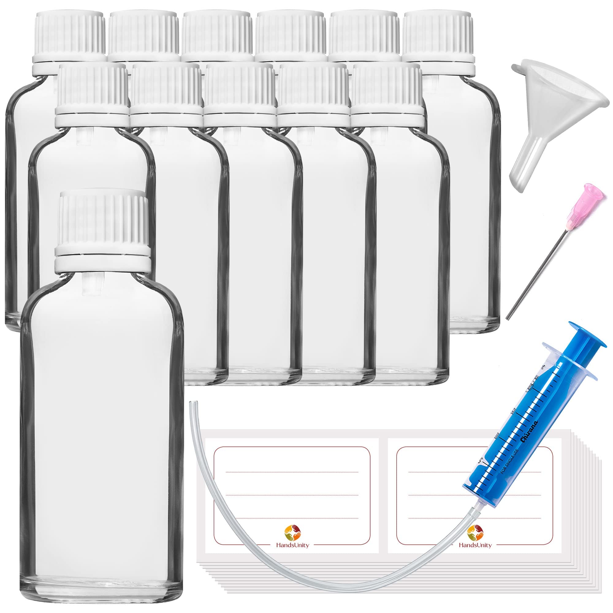 HandsUnity 50ml-12pcs of Dropper Insert Bottle - Small Clear Glass Bottle Apothecary Glass set with White Dropper Insert Cap made of Transparent Glass set including 30 auxiliary Accessories