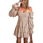 Dokotoo Womens 2025 Spring Summer Dresses Elegant Off The Shoulder V Neck Long Sleeve Ruffle Flowy Mini Short Skater Dresses
