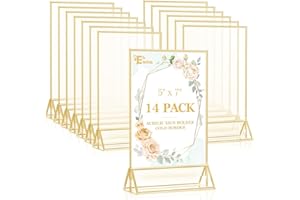 EHWINE 14 Pack 5×7 Clear Acrylic Sign Holder with Gold Borders and Vertical Stand, Double Sided Table Menu Holders Picture Frames for Wedding Table Numbers, Restaurant Signs, Photos and Art Display