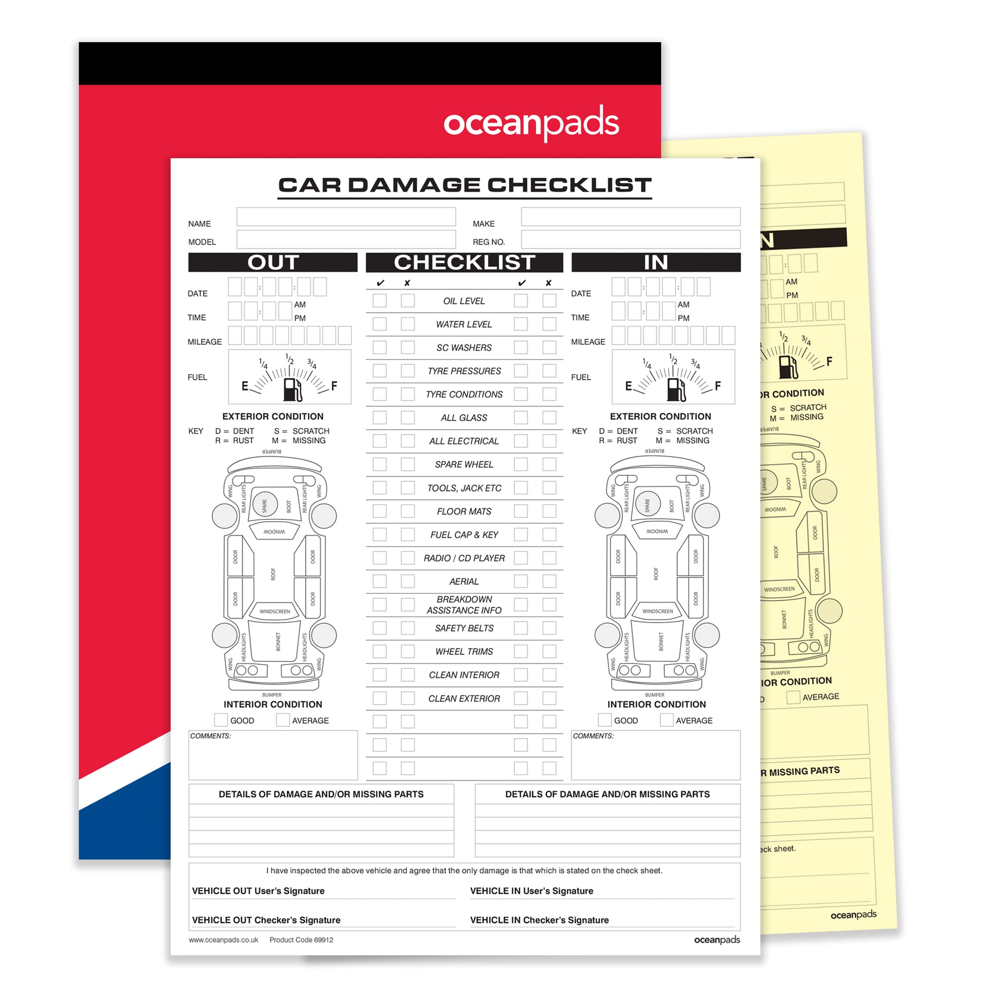 Ocean Pads A4 Car Damage Inspection Checklist Book – for Garages, Dealerships, Car Pools, Vehicle Transportation Companies, Rental or Leasing Businesses (Ref. 69912)