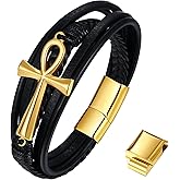 NMQLX Leather Bracelet for Men Women, Ankh Cross Leather Bracelet, Stainless Steel Egyptian Ankh Cuff Bracelet, Leather Braided Bracelet with Magnetic Clasp