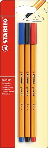STABILO point 88 Fineliner Pack of 3 Red Blue Black 0.4 mm Hexagonal