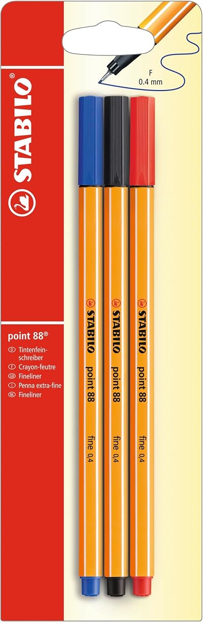 STABILO point 88 Fineliner Pack of 3 Red Blue Black 0.4 mm Hexagonal