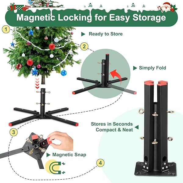 NEZHEIZERY CHRISTMAS TREE STAND FOR 6-10 FT TREES WITH MAGNETIC STORAGE – HEAVY DUTY METAL BASE, 4-WAY LOCKING SCREWS, SCRATCH RESISTANT MATTE BLACK FINISH