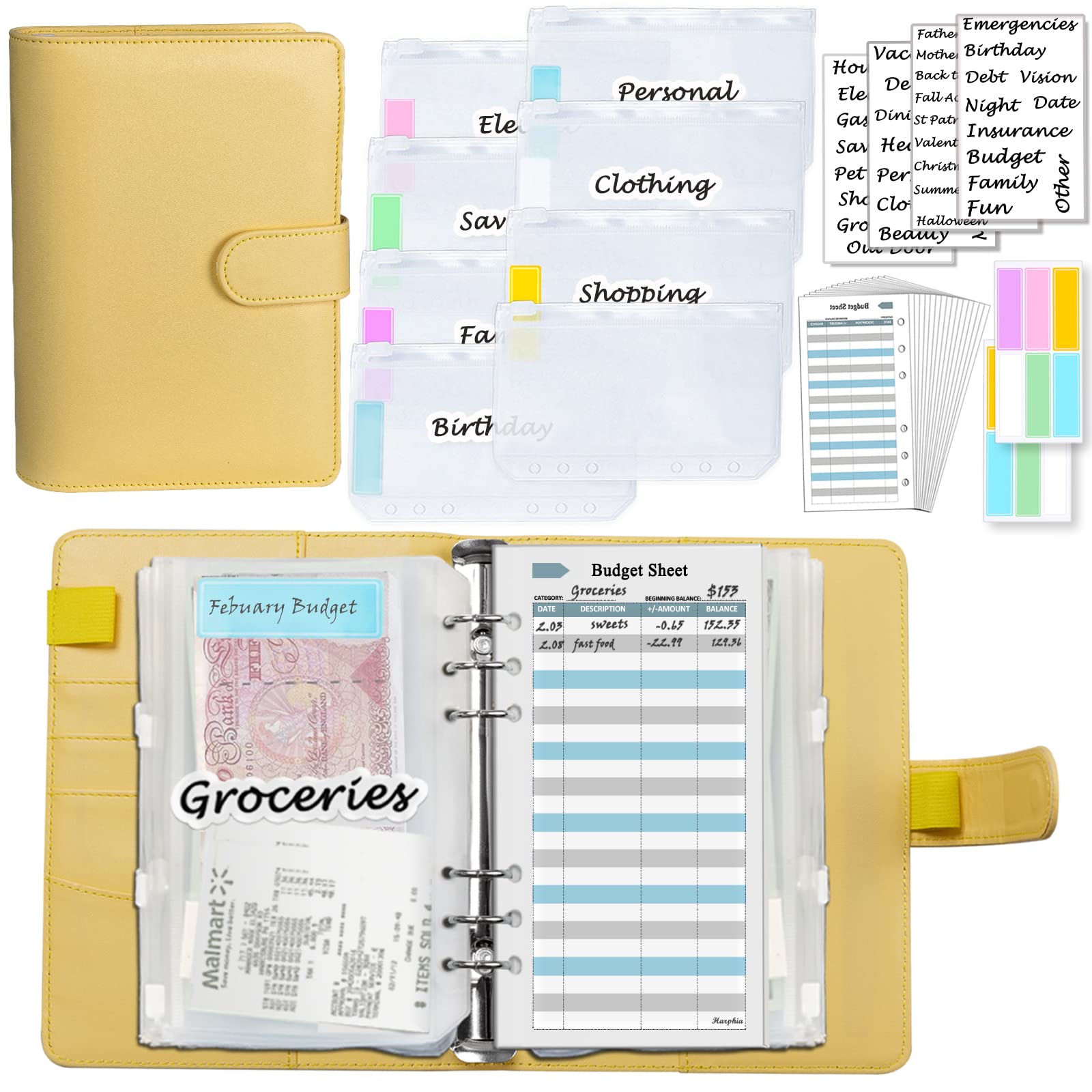 A6 Budget Planner kit, Money Saving Wallet Binder,Silver 6 Ring Binder,with Cash Envelopes, Budget Refills, Matched Stickers and Label, 7.4x5.71 Harphia, Yellow