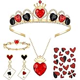 JcHrmers 5 Pcs Women Queen Costume Include Crown Headband,Necklace,Scepter,Stickers and Red Heart Dangle Earrings