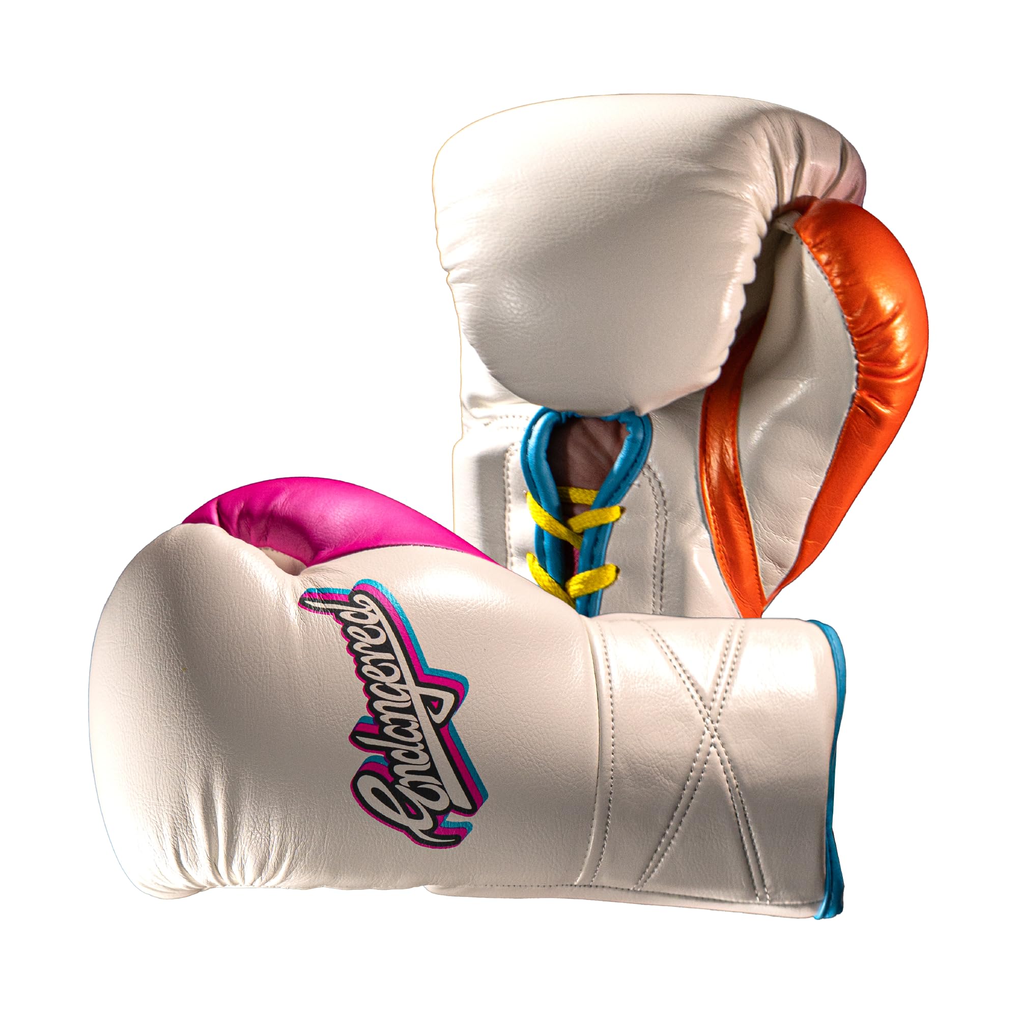 Model 3 8oz Boxing Glove in White/Pink/Orange by Endangered Fightwear - Pair of Lace Up Leather Gloves for Muay Thai, Boxing & MMA Fighting - Available in in 3 Colours - 2 Sizes - UK