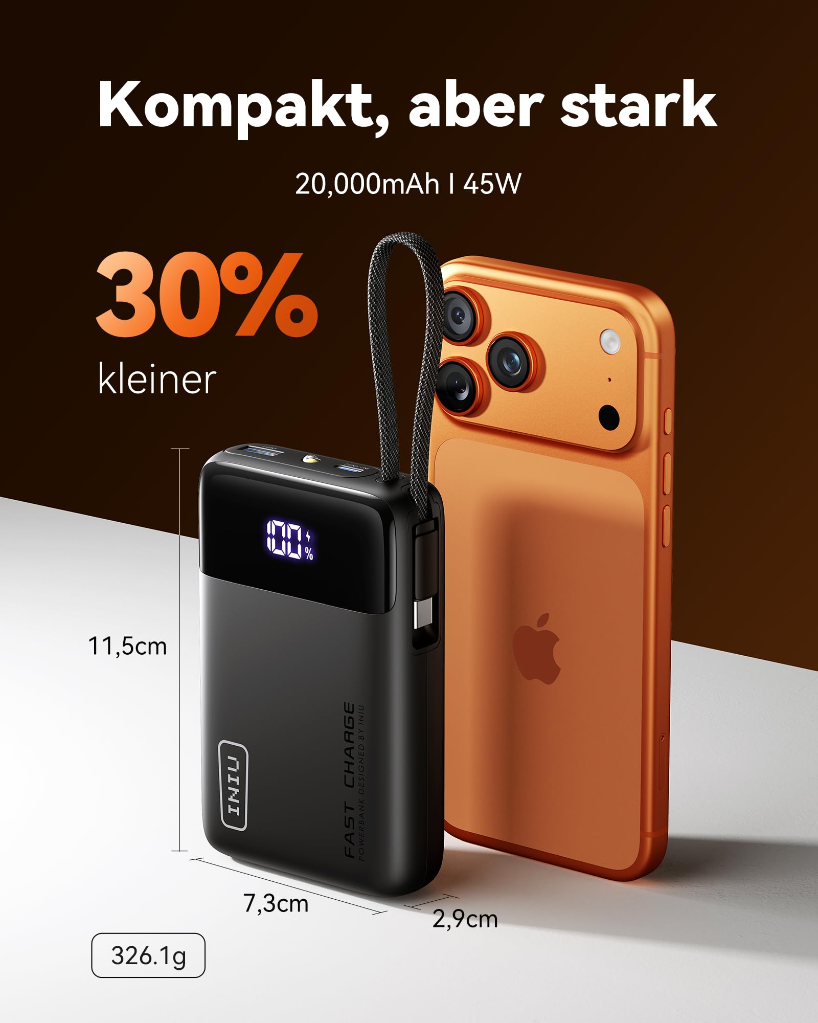 INIU 45W Power Bank, Ultra Klein 20000mAh Powerbank iPhone mit Integriertem USB-C Kabel, Schnellladen Externe Handyakkus Mini, Klein Aber Stark für iPhone 17 16 15 Pro, Samsung S22, Xiaomi, iPad etc 3