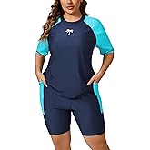Halcurt Women's Plus Built in Bra Rash Guard Two Piece Swim Shirt and Pockets Boyleg Shorts
