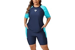 Halcurt Women's Plus Built in Bra Rash Guard Two Piece Swim Shirt and Pockets Boyleg Shorts