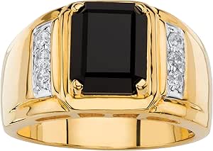 Palm Beach Jewelry Men's 18K Gold-Plated Round Genuine Diamond and Square Cut Blue Sapphire, Red Garnet or Black Onyx Ring