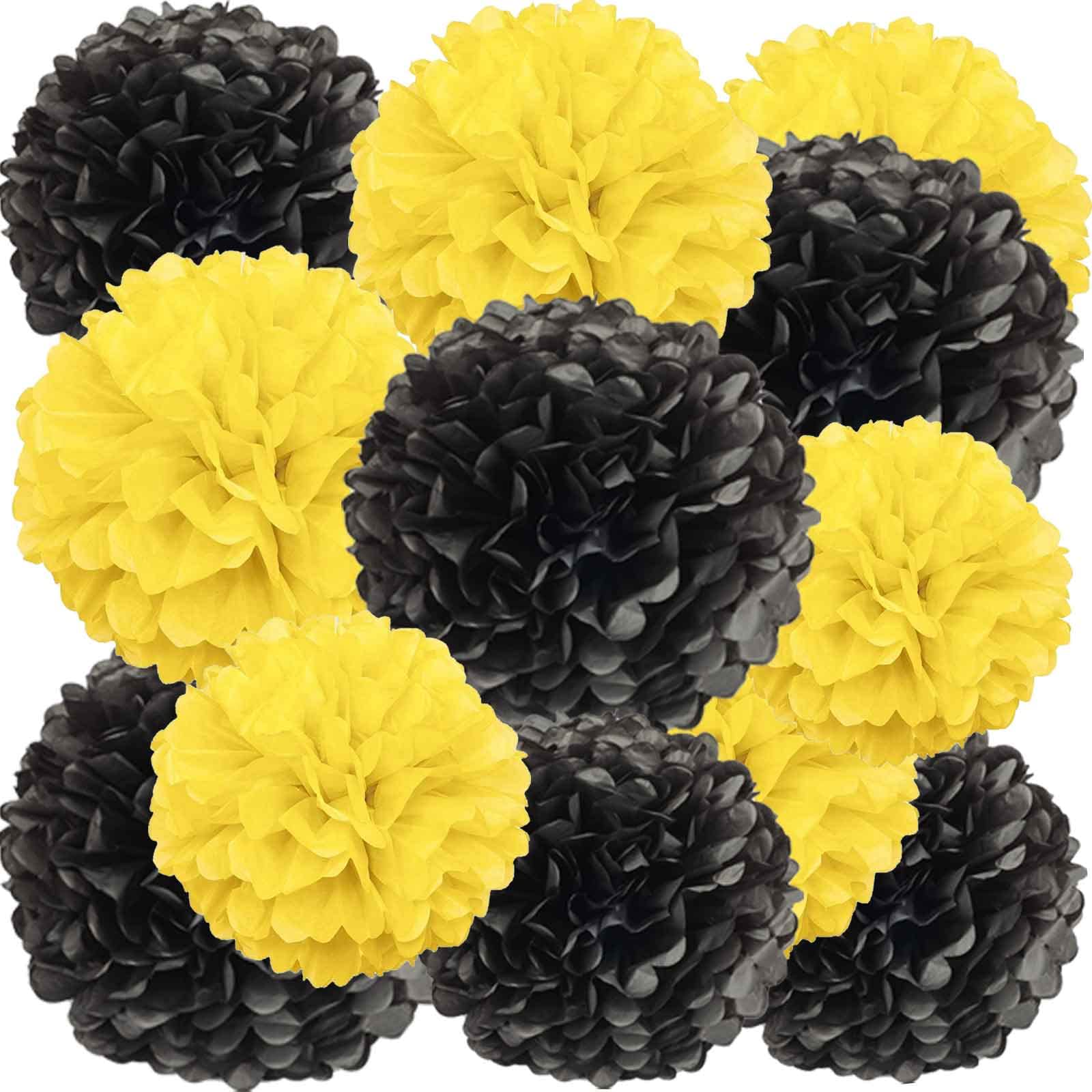 12pcs Black Yellow Paper Pom Poms Decorations for Party Ceiling Wall Hanging Tissue Flowers Pompon Decorations - 12 Inch, 10 Inch