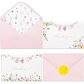 Crisky Baby Shower Thank You Cards with Envelopes & Stickers, 50 Pack Pink Gold Baby Thank You Greeting Cards Bulk for Girl, Watercolor Delicate Wildflower Design