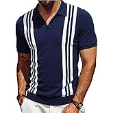 Les umes Mens Polo Shirts Vintage Stripe V-Neck Short Sleeve Knit Cotton Summer Golf Casual Shirts