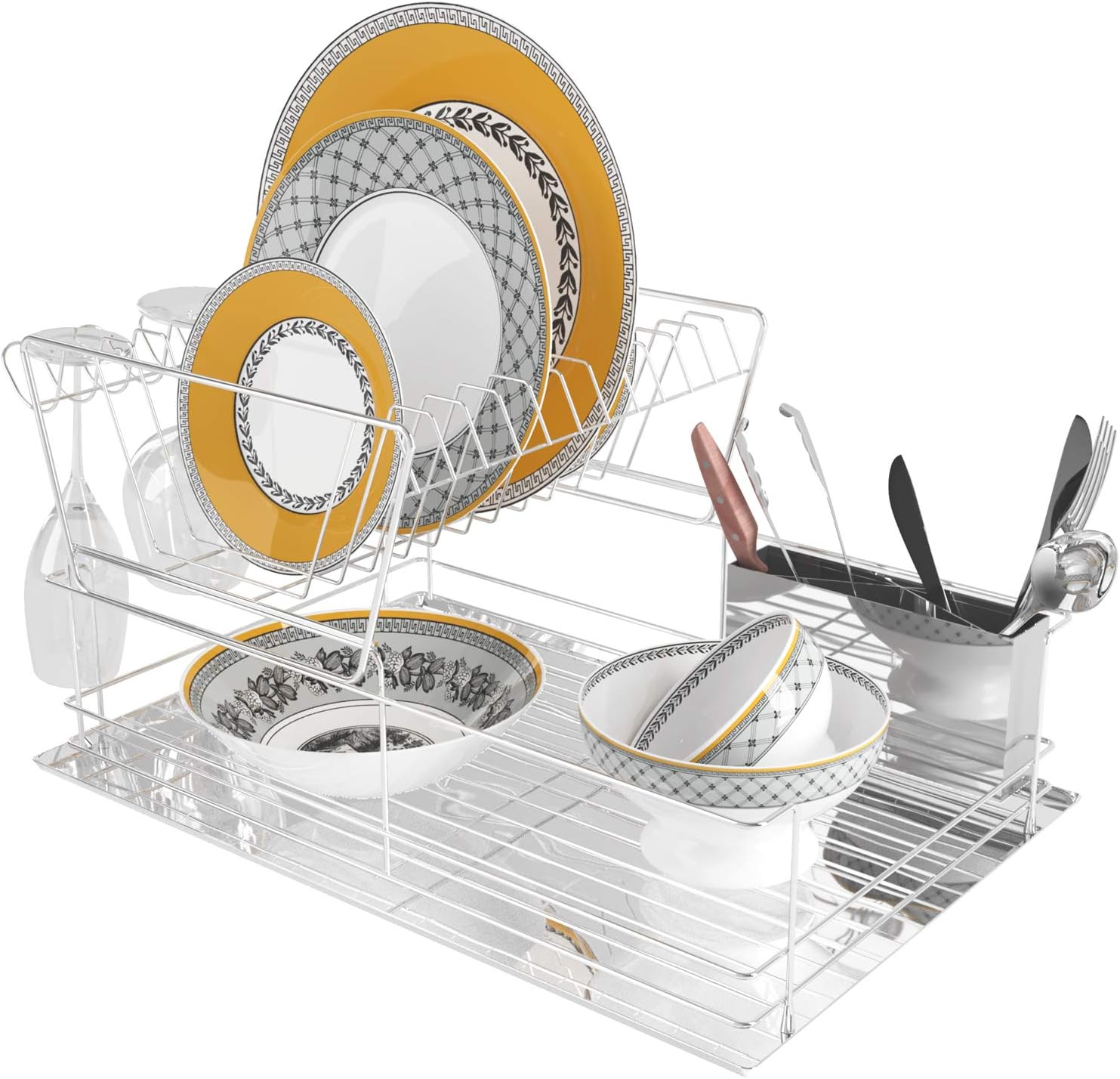 Home Intuition 2-Tier Steel Dish Drying Rack Set with Drainer Board and Utensil Cup, Silver