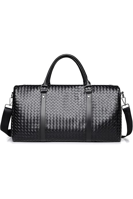 Leather Travel Duffle Bag for Men, Woven Carry On Weekender Overnight Bags for Business Sports Gym (Black)